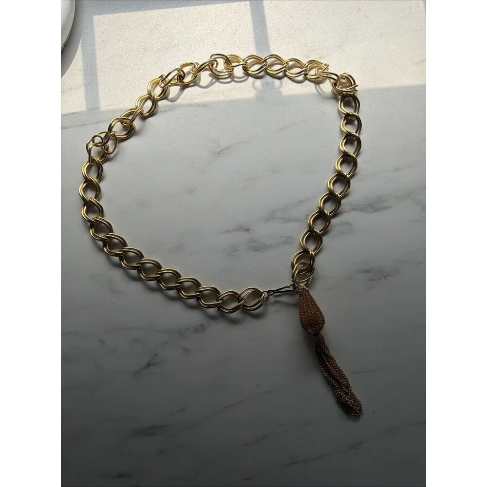 Vintage Chain Belt Small Gold Chunky Tasseled Metal Links Disco Going Out 70s